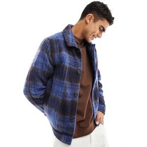 ASOS Men’s Oversized Wool Look Harrington Jacket Blue Brown Plaid Fuzzy XL
